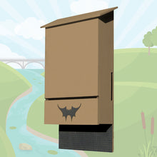 Four-chambered bat house built by Austin Batworks over an illustrated background
