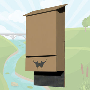 Four-chambered bat house built by Austin Batworks over an illustrated background