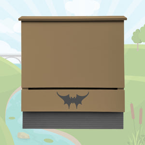 Large single-chambered bat house built by Austin Batworks over an illustrated background