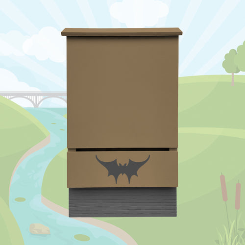 Small single-chambered bat house built by Austin Batworks over an illustrated background