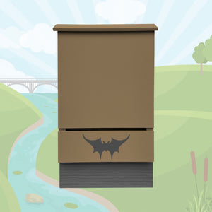 Small single-chambered bat house built by Austin Batworks over an illustrated background