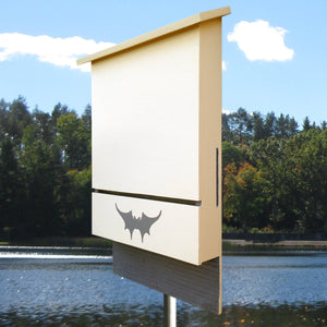 Austin Batworks' three-chambered bat box with a lake in the background